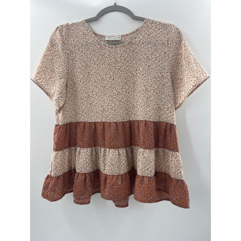 Paper Crane FloralTiered Babydoll Top Rust Cream Short Sleeve Medium Cottagecore